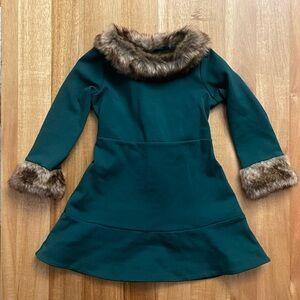 Hope & Henry Green Ponte Skater Dress with Faux Fur Trim